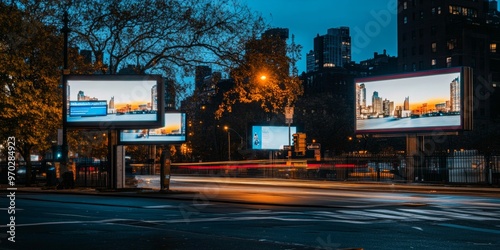 row of billboards on the side of the road, night photo photo