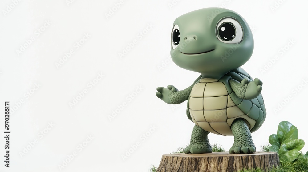 A cute cartoon turtle character stands on a stump, cheerful and inviting. A cute cartoon turtle character stands on a stump, cheerful and inviting.
