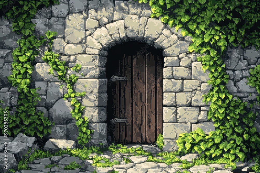 Mystical 8-bit Pixel Castle Ruins Covered in Overgrown Vines with Space for Text, Vintage Game Design Concept