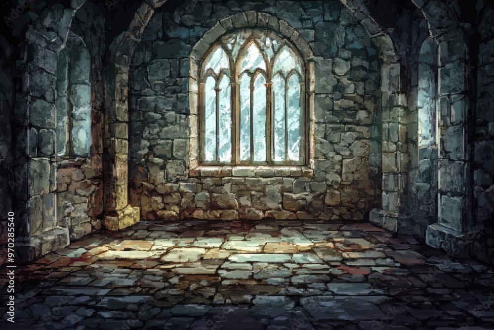 Fototapeta premium Retro 8-Bit Castle Interior with Cracked Stone Walls and Copy Space for Text