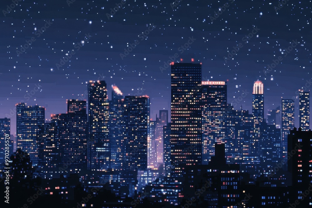 Glowing Pixelated City Skyline with Stars at Night, Ideal for Copy Space Usage Glowing Pixelated City Skyline with Stars at Night, Ideal for Copy Space Usage