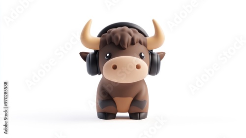 A cute cartoonish bull wearing headphones, designed for playful appeal.