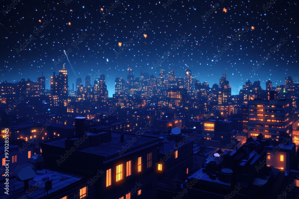 Fototapeta premium Retro 16-Bit Cityscape Rooftop under Starlit Night Sky with Copy Space for Text