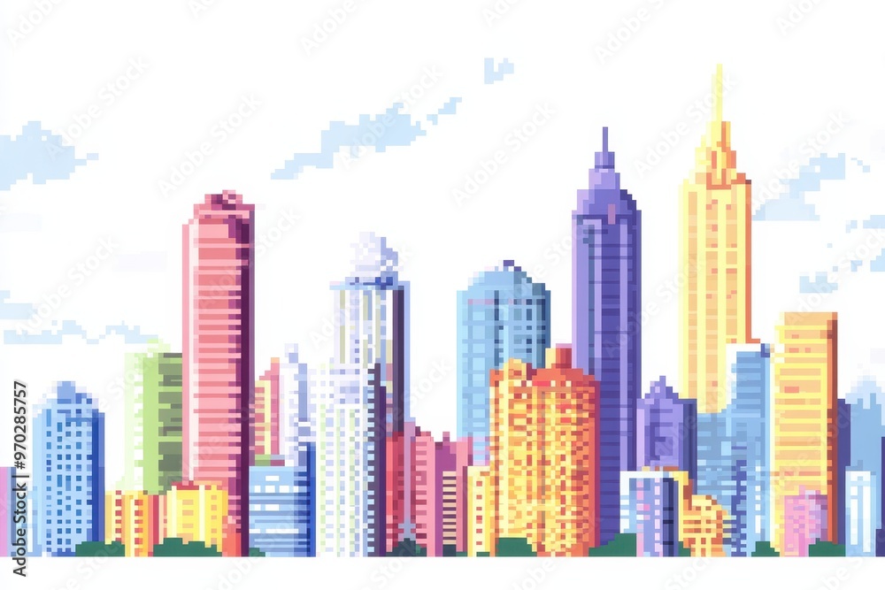 Retro Pixelated City Skyline with Copy Space for Text - Vintage Urban Landscape Background <br>