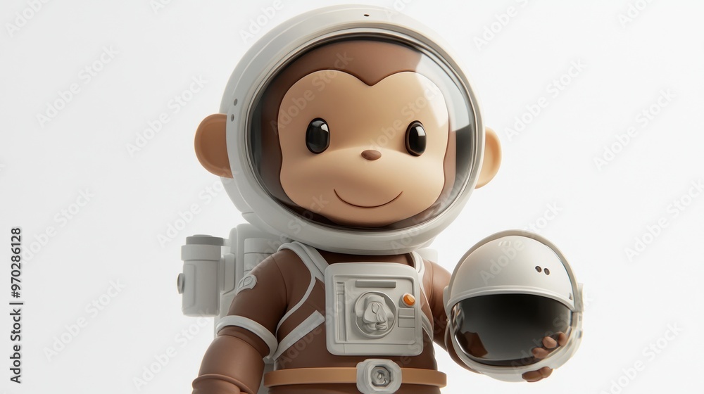 Fototapeta premium A cute monkey character in a space suit, holding a helmet, representing exploration and adventure.
