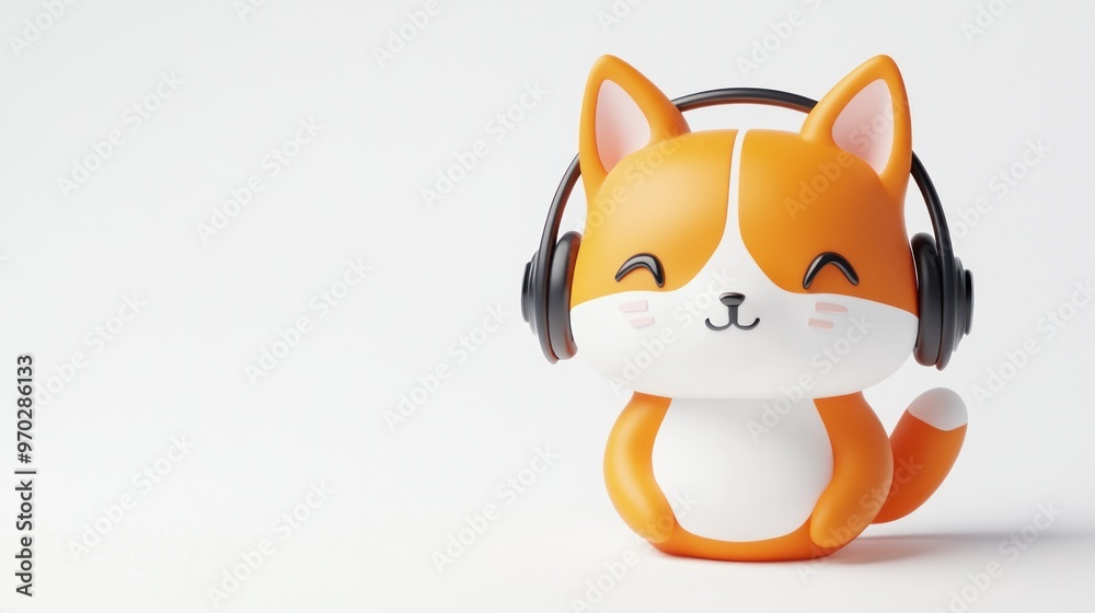 Fototapeta premium A cute orange and white cat figurine wearing headphones, conveying a playful and fun vibe.