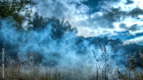 Smoke rising above a field of grass with a blue cloudy sky in the background.