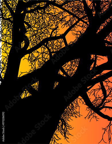 silueta arbol, arbusto, hojas, ramas, otoño, ilustracion, bosques, naturaleza, sequia, atmosfera
