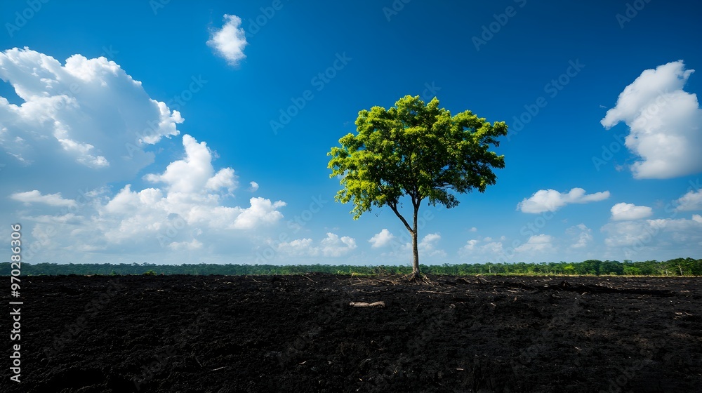 Obraz premium A solitary tree defies the destruction around it, standing strong among the ruins of homes and forests, a symbol of nature's resilience