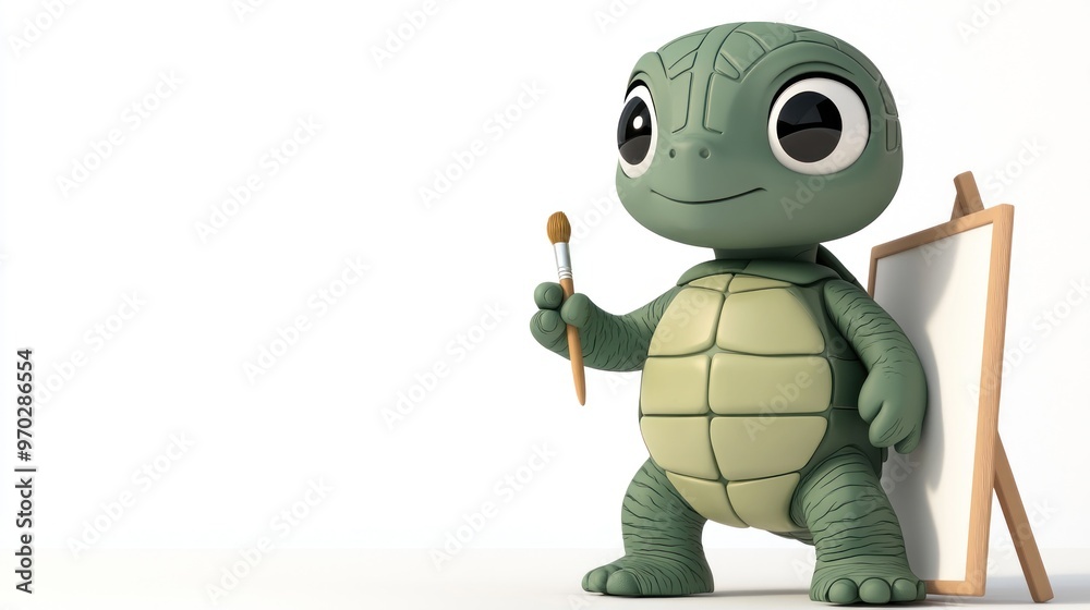 A cute turtle character holding a paintbrush next to an easel, ready to create art. A cute turtle character holding a paintbrush next to an easel, ready to create art.