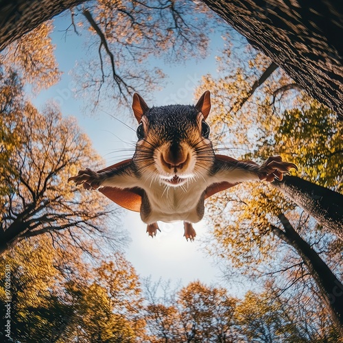 A squirrel wearing a tiny superhero cape, midleap from a tree branch, daylight breaking through the leaves, shot from below with a fisheye lens, vibrant colors, cartoonish style photo