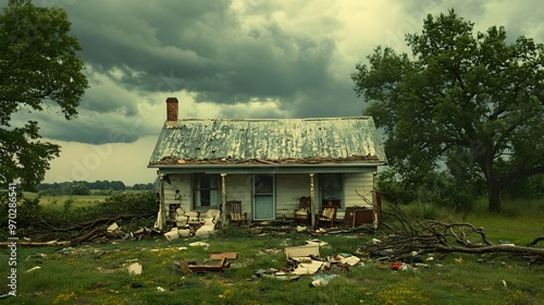 A storm-ravaged home surrounded by uprooted trees, with broken furniture and personal items strewn across the yard, cloudy skies hinting at more rain photo