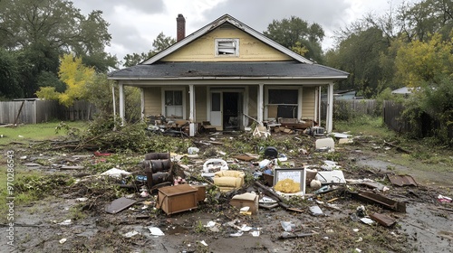 A storm-ravaged home surrounded by uprooted trees, with broken furniture and personal items strewn across the yard, cloudy skies hinting at more rain photo