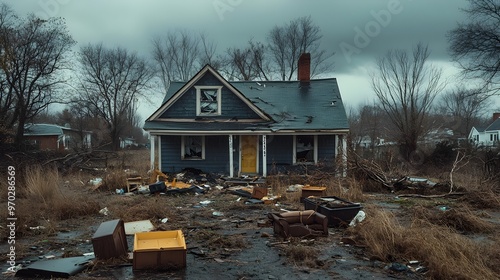 A storm-ravaged home surrounded by uprooted trees, with broken furniture and personal items strewn across the yard, cloudy skies hinting at more rain photo