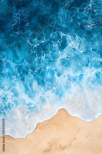 A beautiful view of blue ocean waves crashing on a sandy beach from an aerial view.