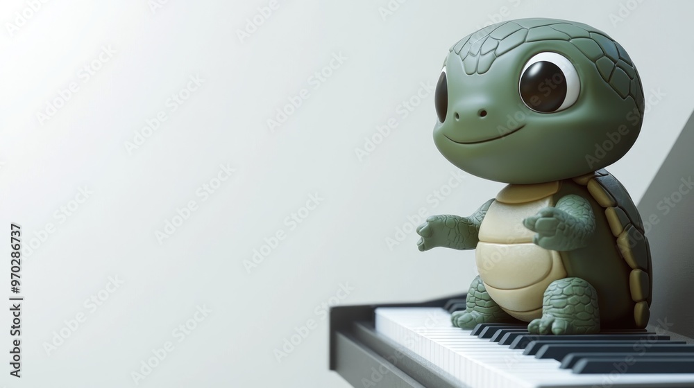 A cute turtle figurine sitting on a piano, ready to play music. A cute turtle figurine sitting on a piano, ready to play music.