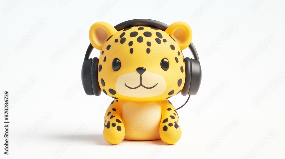 A cute yellow leopard figurine wearing headphones, designed for fun and entertainment. A cute yellow leopard figurine wearing headphones, designed for fun and entertainment.