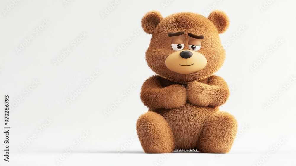 Obraz premium A cute, animated brown bear character sitting and looking contemplative.