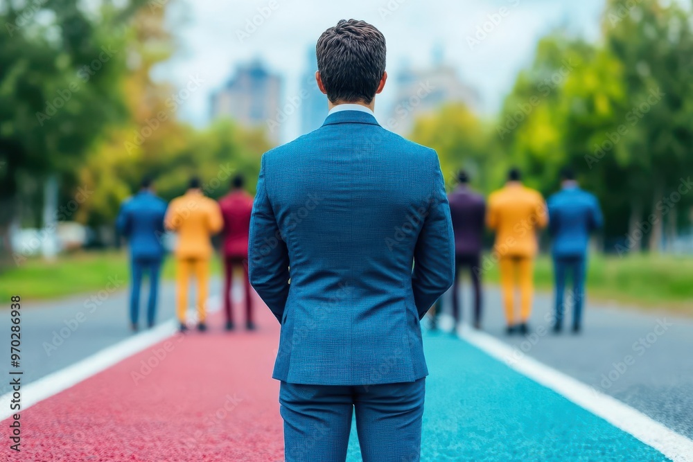 A servant leader standing at the finish line, humbly waiting as they guide their team members from behind, symbolizing support over control A servant leader standing at the finish line, humbly waiting as they guide their team members from behind, symbolizing support over control