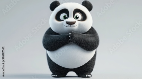 A cute, animated panda character with a friendly expression, standing with hands clasped. photo