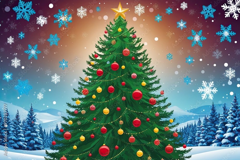 Obraz premium Vibrant Winter Landscape Background with Festive Tree Illustration and Colorful Snowflakes
