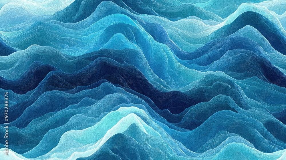 Wavy pattern created by large and thin curved lines in shades of sea ...