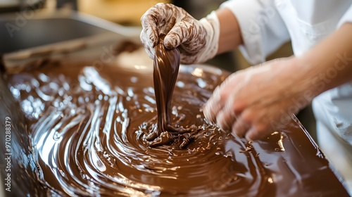 A chocolatier carefully tempering chocolate, ensuring a smooth and shiny finish photo