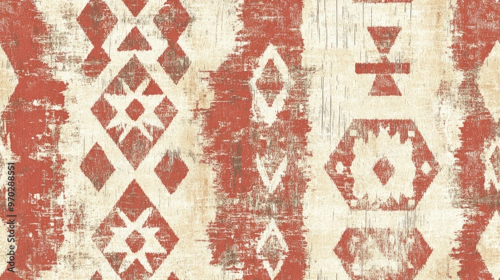 Seamless grungy tribal ethnic rug motif pattern featuring a high quality illustration Distressed native style design in faded sunburnt red and cream colors Old artisan textile seamless pattern Seamless grungy tribal ethnic rug motif pattern featuring a high quality illustration Distressed native style design in faded sunburnt red and cream colors Old artisan textile seamless pattern