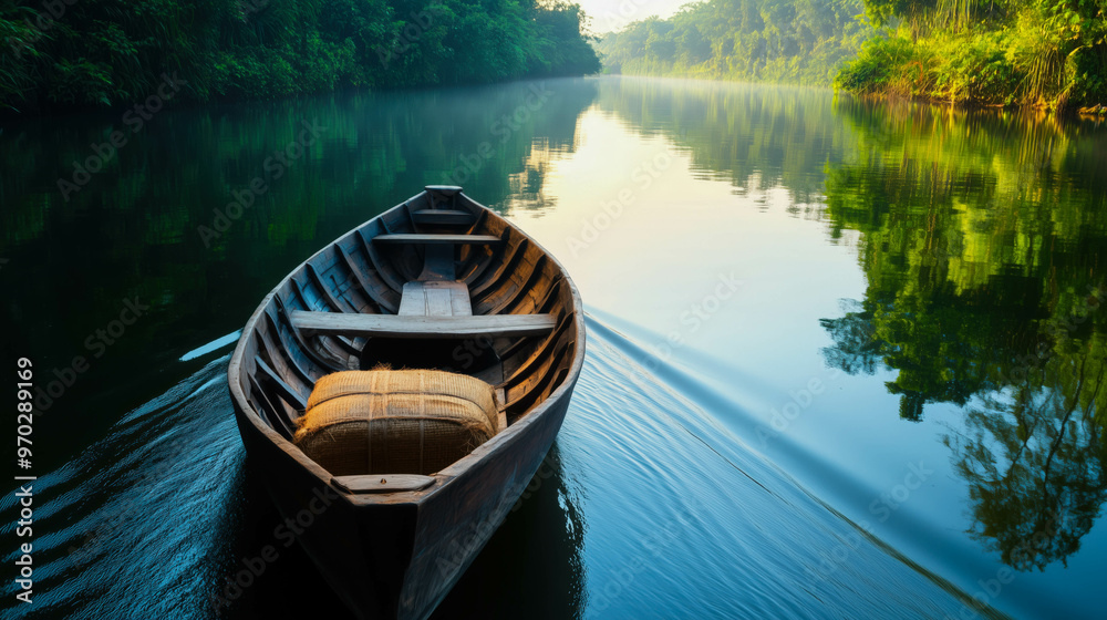 Wooden Boat on Calm River with Morning Light Wooden Boat on Calm River with Morning Light
