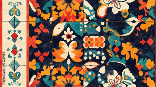 Wallpaper Mural Mexican ceramic with a repeated hand drawn ikat pattern featuring vibrant tile ornamentation Seamless mosaic with an endless handmade grunge ethnic design showcasing a saturated Aztec rug and Span Torontodigital.ca