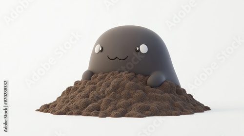 A cute, cartoonish character resembling a mole peeks out from a mound of brown material. photo