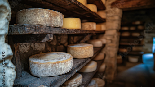 Artisan cheese wheels in stone farmhouse