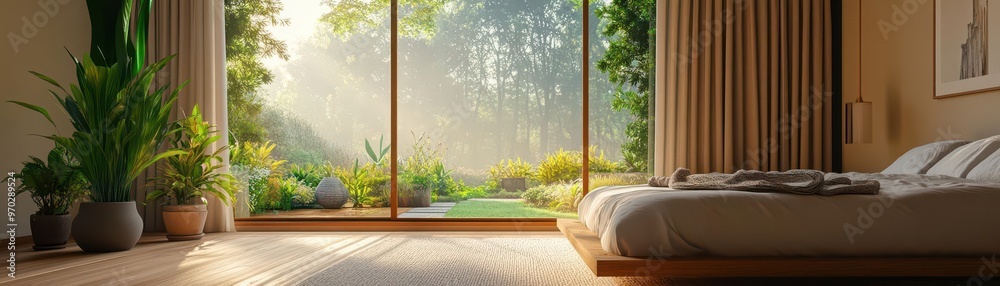 A tranquil bedroom with soft lighting and a large window overlooking a peaceful garden, representing ultimate comfort and happiness