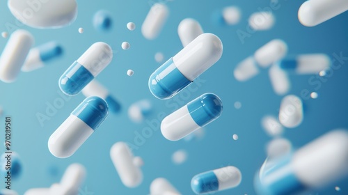 Scattered Medication Capsules and Pills on Vibrant Blue Background