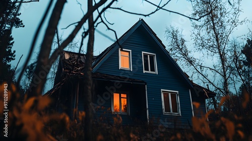 An old house teetering on the edge, trees leaning ominously against it, branches intertwined with the roof, creating a tense, dramatic atmosphere photo