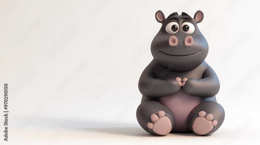 Naklejka premium A cute, cartoonish hippo character sitting with a friendly expression.