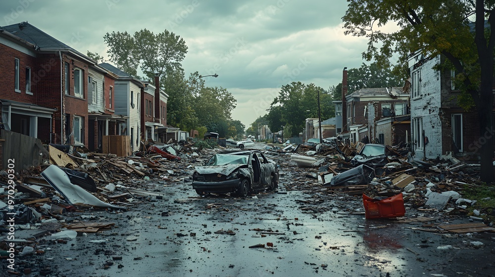 Obraz premium Calm residential area transformed into chaos, homes partially destroyed, trees uprooted, streets filled with debris, a vivid depiction of disaster aftermath
