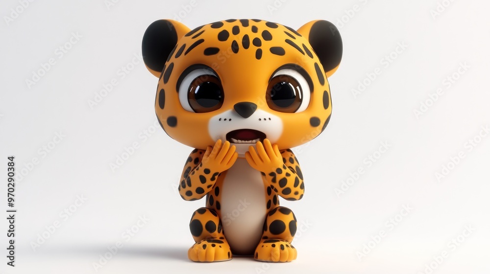 A cute, cartoonish leopard character with a surprised expression, sitting and covering its mouth. A cute, cartoonish leopard character with a surprised expression, sitting and covering its mouth.