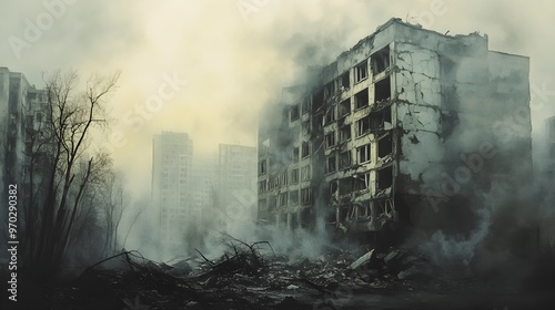 Collapsed buildings, uprooted trees, shattered windows, foggy morning light, dramatic composition, watercolor style, desaturated colors, haunting mood