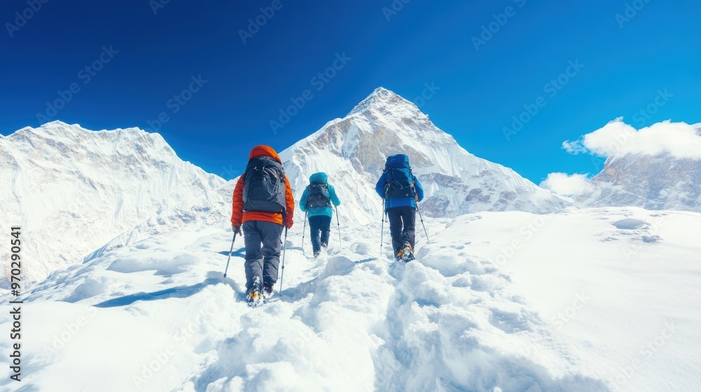 Three hikers navigate snowy terrain in the mountains, enjoying a winter adventure amid stunning peaks and clear skies Three hikers navigate snowy terrain in the mountains, enjoying a winter adventure amid stunning peaks and clear skies