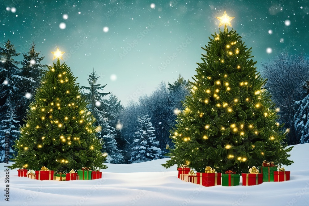 Obraz premium Peaceful Christmas Scene with Fresh Snow Vibrant Green Trees and Sparkling Lights