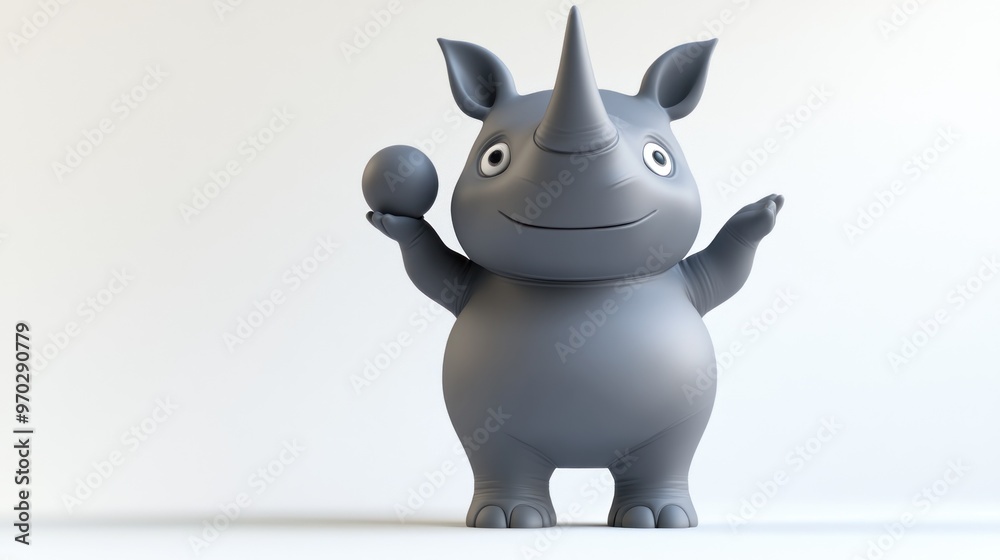 A cute, cartoonish rhinoceros character holding a ball, designed for playful appeal. A cute, cartoonish rhinoceros character holding a ball, designed for playful appeal.