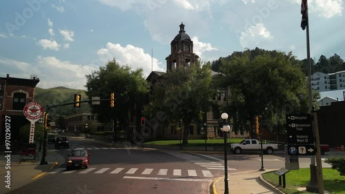 Low aerial at intersection in Deadwood South Dakota historic buildings