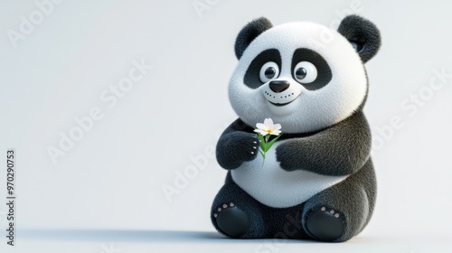 A cute, cartoonish panda holding a flower, showcasing a playful and gentle demeanor.