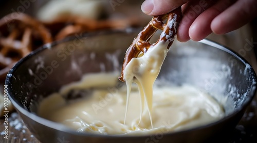A close-up of a hand dipping a piece of pretzel into a bowl of melted white chocolate