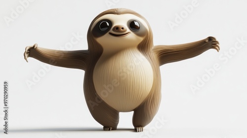 A cute, cartoonish sloth character with a joyful expression and outstretched arms.