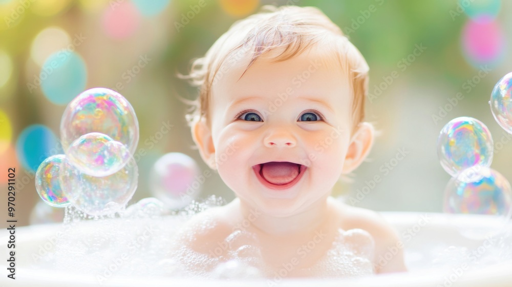 A cheerful baby splashes joyfully in a bubble-filled bath surrounded by floating, colorful bubbles on a bright day A cheerful baby splashes joyfully in a bubble-filled bath surrounded by floating, colorful bubbles on a bright day