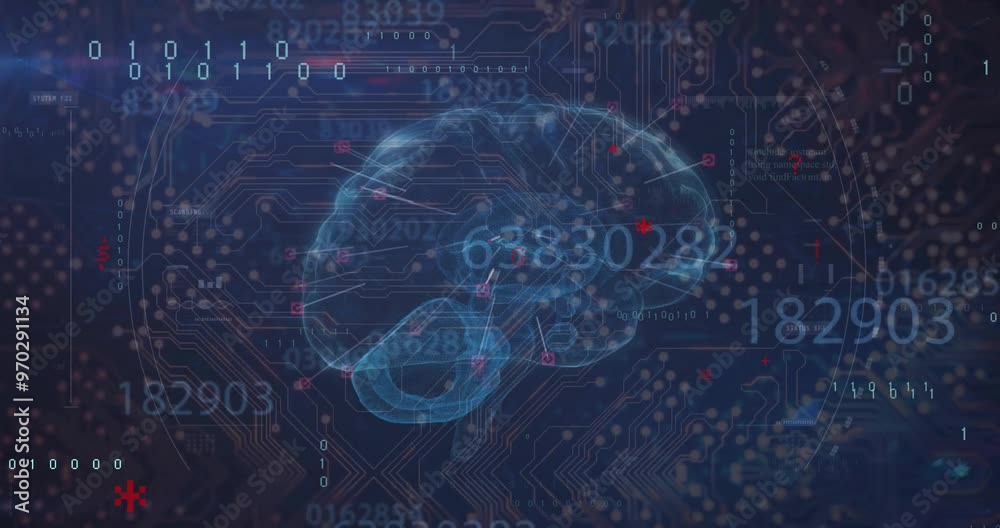Animation of data processing with digital brain over computer circuit board on black background Animation of data processing with digital brain over computer circuit board on black background
