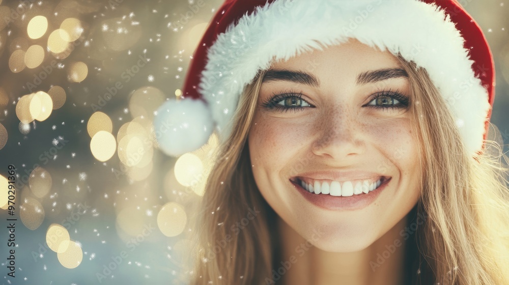 A cheerful woman in a Christmas hat beams with delight, surrounded by a magical winter atmosphere filled with falling snowflakes A cheerful woman in a Christmas hat beams with delight, surrounded by a magical winter atmosphere filled with falling snowflakes