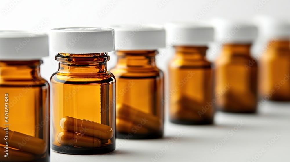 Row of amber glass pharmaceutical bottles or vials for medical and scientific use in laboratory or pharmacology Row of amber glass pharmaceutical bottles or vials for medical and scientific use in laboratory or pharmacology